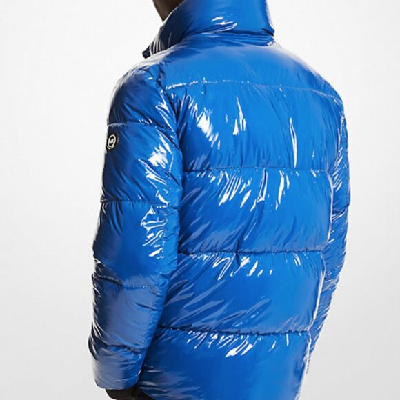 Weekend sale Men's Puffer Hoodie Quilted Patent Nylon Jacket BLUE XS $398 NWOT - Picture 1 of 8